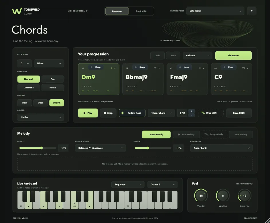 The Tonewild Chords composer: a four-chord progression of Dm9, Bbmaj9, Fmaj9 and C9, each card with a Keep toggle, above melody, keyboard and feel controls.