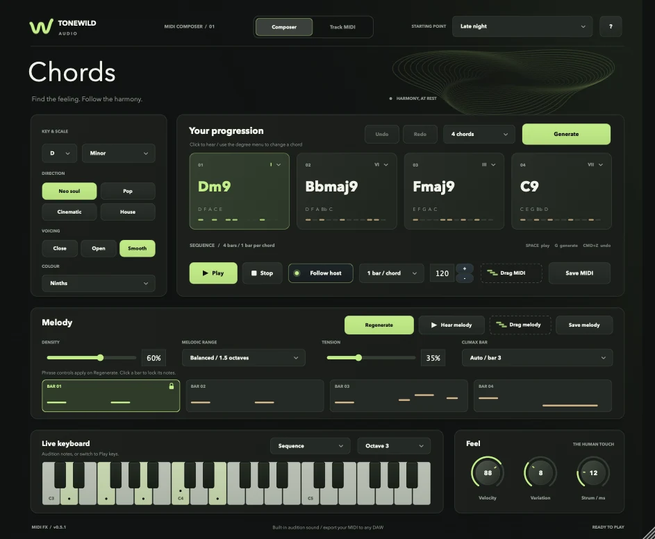 The melody panel with density, melodic range, tension and climax bar controls above four bars of generated notes, the first bar locked.