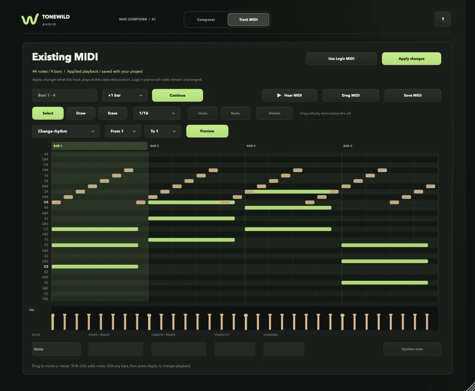 The Track MIDI tab showing 44 captured notes across four bars in a piano roll with velocity stems and continue, draw and erase tools.